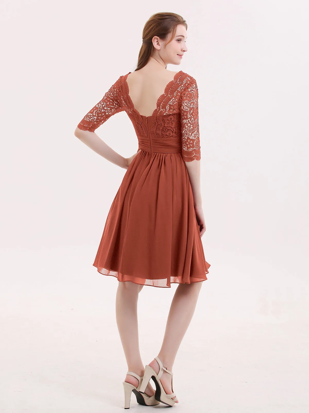 Lace and Chiffon Short Dress with Half Sleeves Rust
