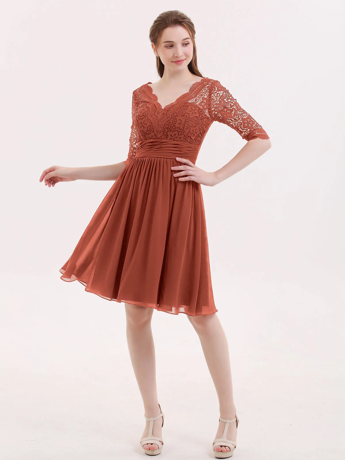 Lace and Chiffon Short Dress with Half Sleeves Rust