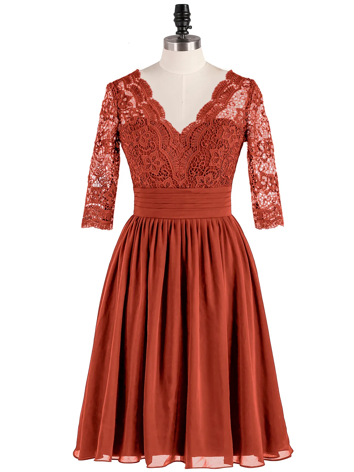 Lace and Chiffon Short Dress with Half Sleeves Rust