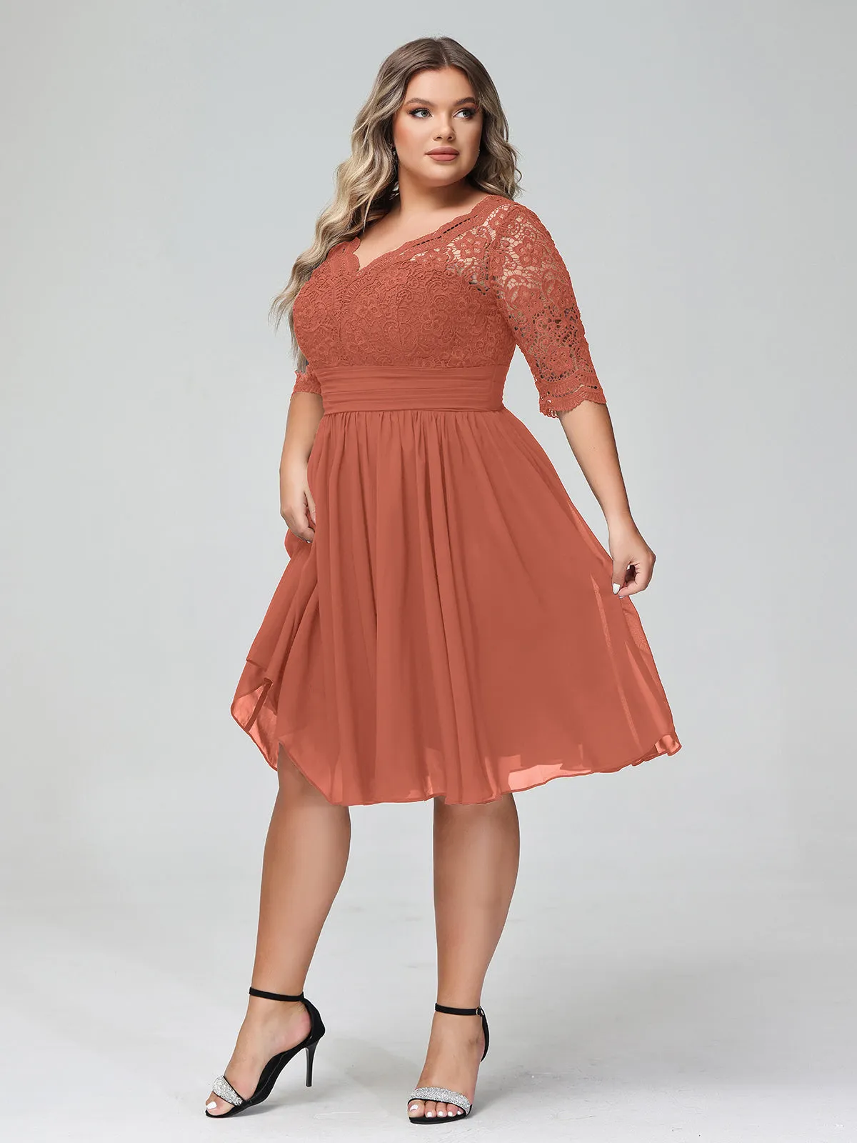 Lace and Chiffon Short Dress with Half Sleeves Rust