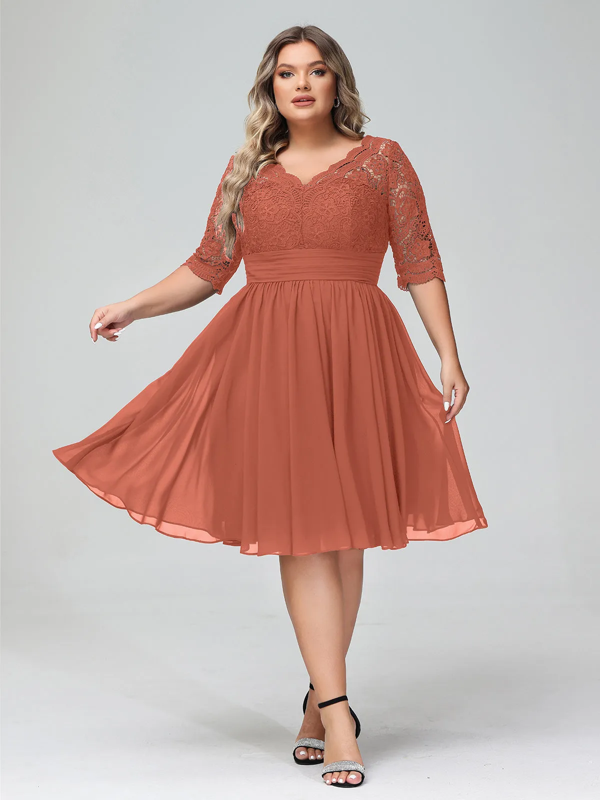 Lace and Chiffon Short Dress with Half Sleeves Rust