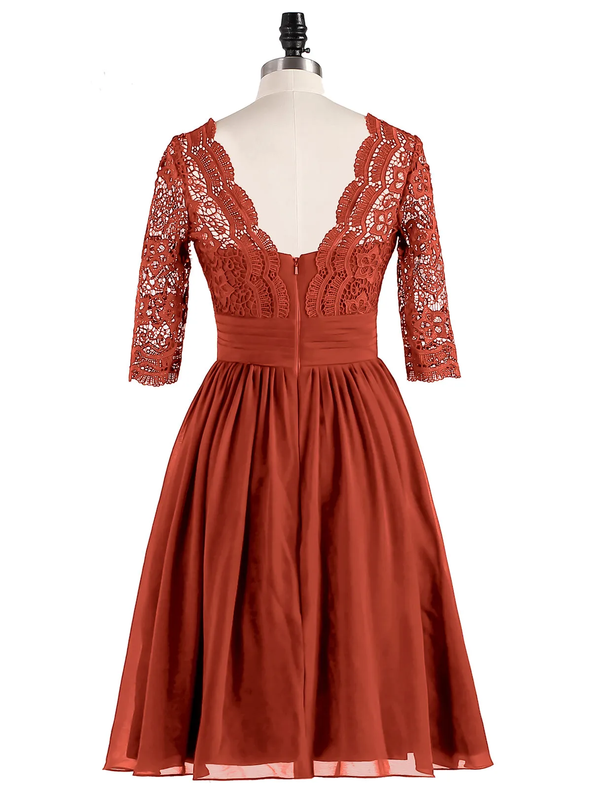 Lace and Chiffon Short Dress with Half Sleeves Rust
