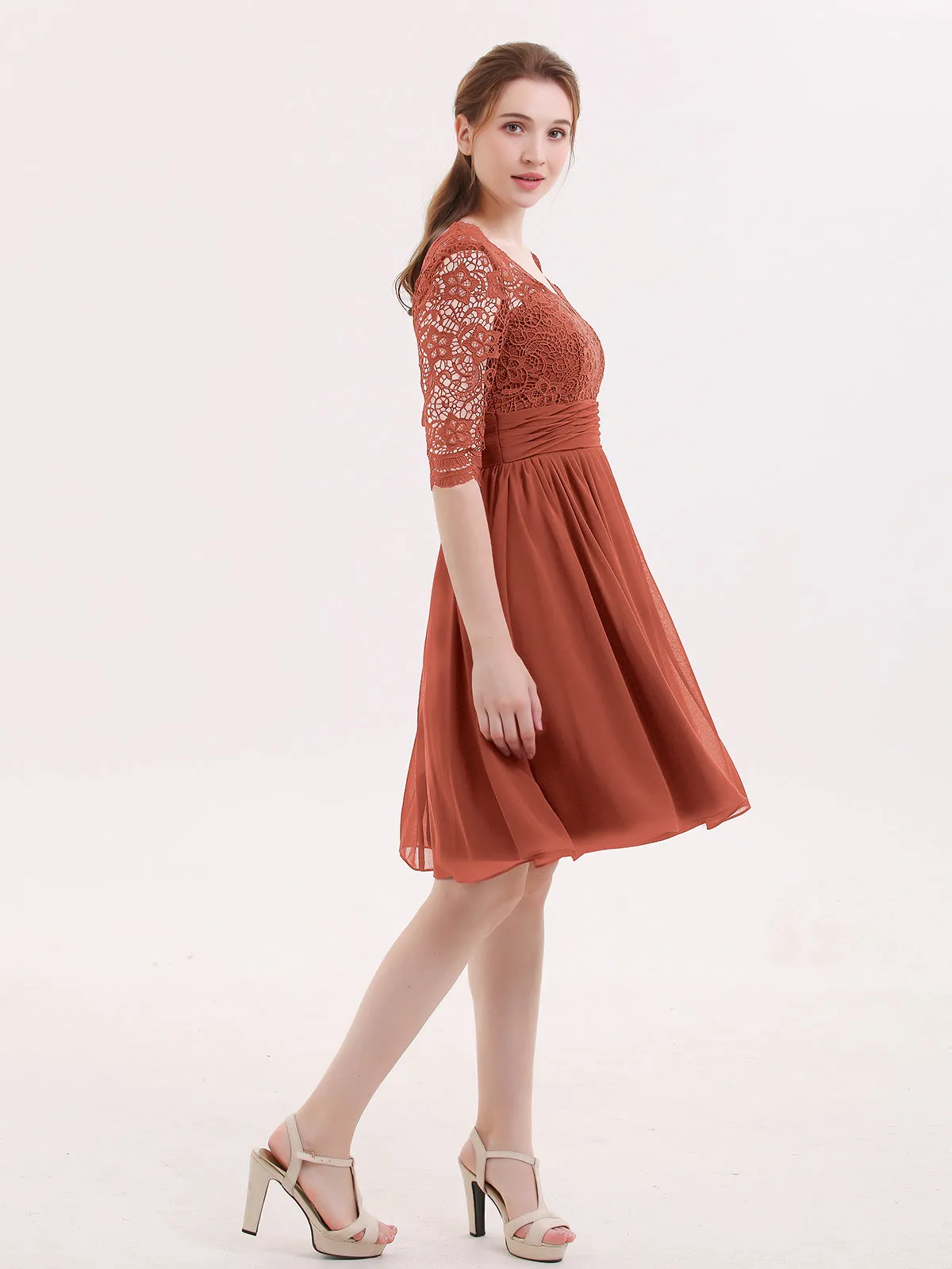 Lace and Chiffon Short Dress with Half Sleeves Rust