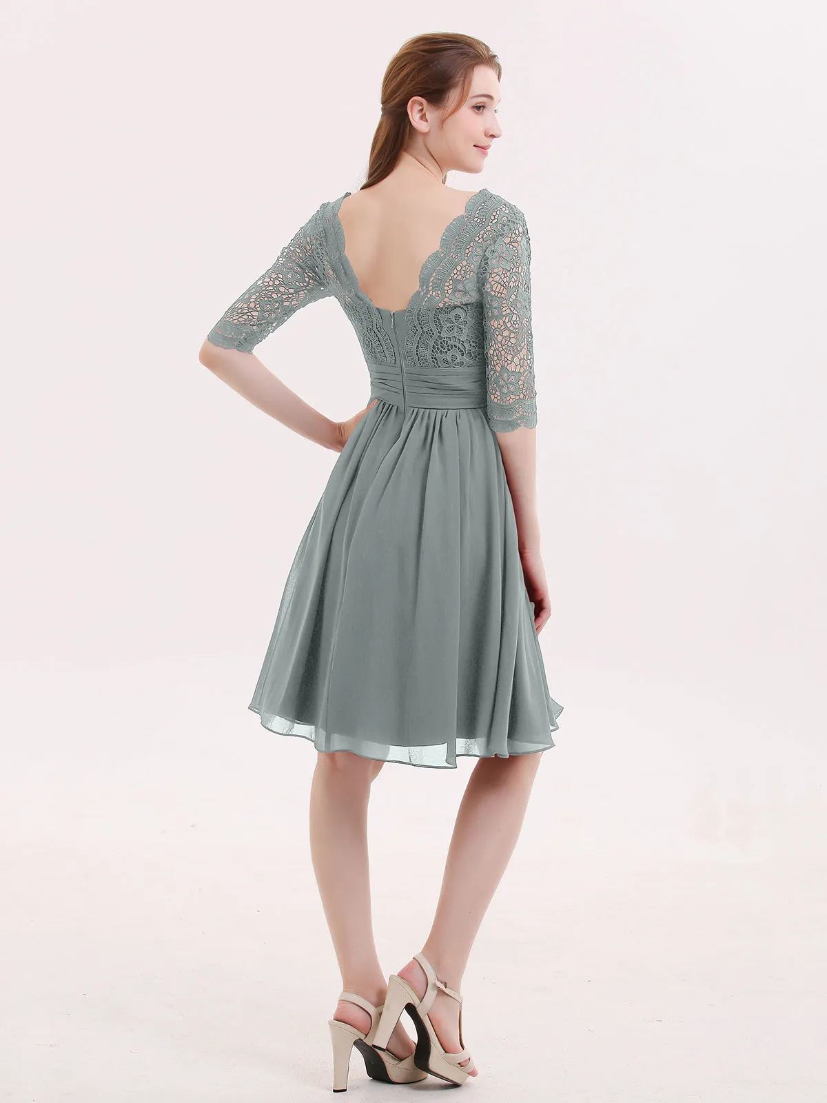 Lace and Chiffon Short Dress with Half Sleeves Steel Grey