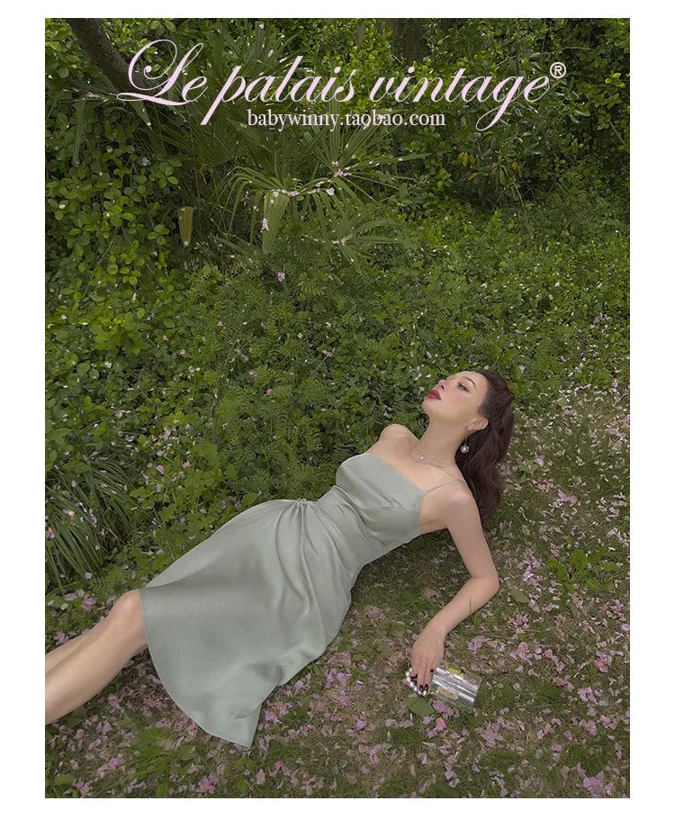 Le Palais Vintage Elegant Sleeveless Green Pleated Draped Cocktail Dress-Bianca