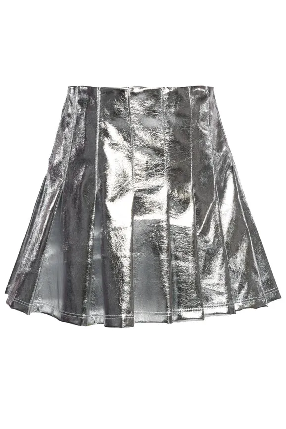 Metallic Pleated Skirt with Back Zip *Faux Leather*