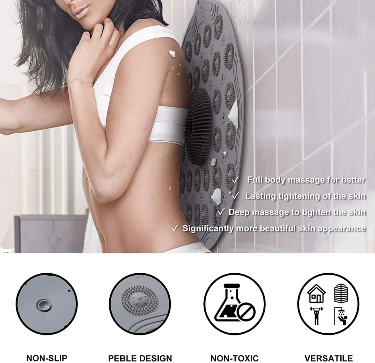 Non Slip Round Bath Mat with Suction Cup, 46x46cm