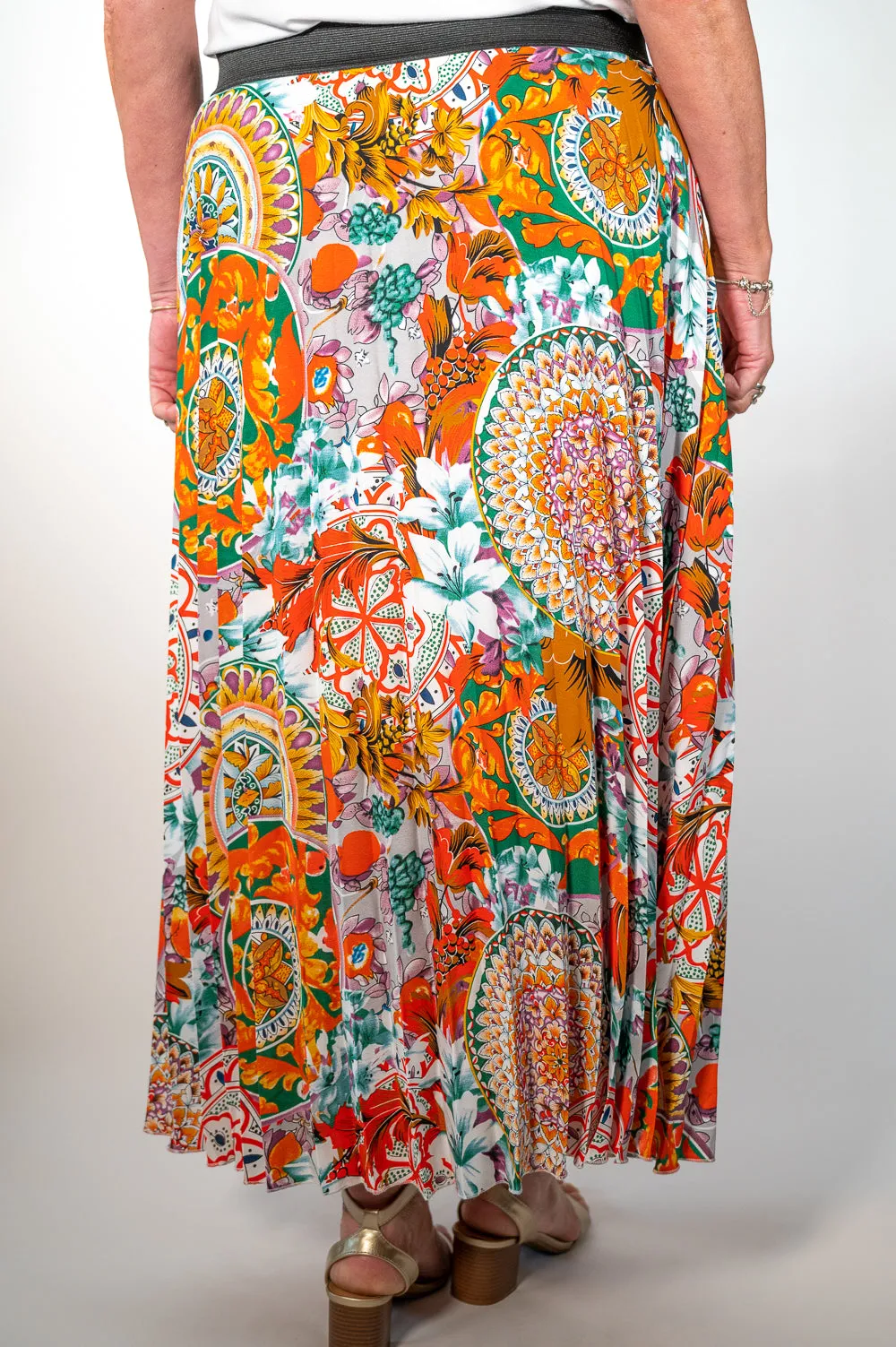 Orange Floral Print Pleated Midi Skirt - Malissa J