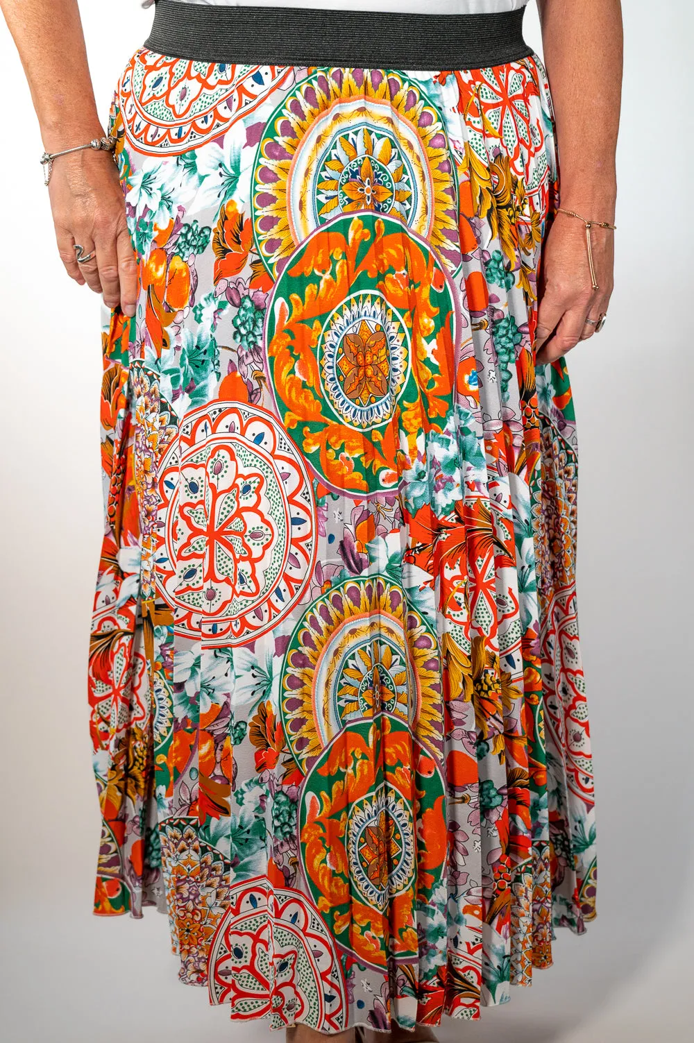 Orange Floral Print Pleated Midi Skirt - Malissa J