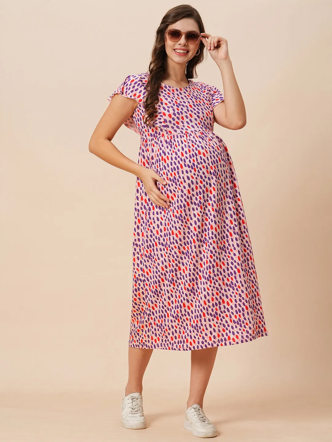 Organic Cotton Long Length Maternity Dress with Flutter sleeves ISML024-Pink Flowerburst-