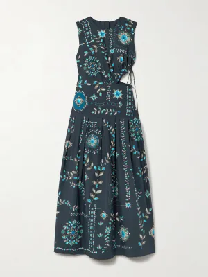 Otoño Relicario pleated cut-out floral-print cotton-poplin midi dress