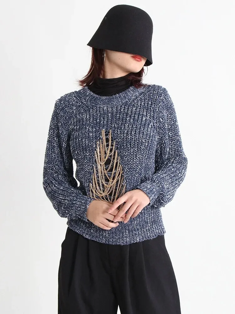 Patchwork Chain Sweater For Women Round Neck Long Sleeve Knitting Cut Out Sweaters Female Clothing Korean Fashion