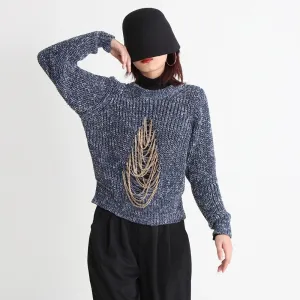 Patchwork Chain Sweater For Women Round Neck Long Sleeve Knitting Cut Out Sweaters Female Clothing Korean Fashion