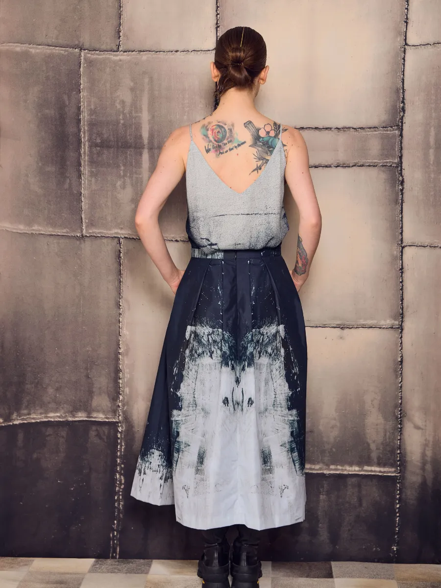 Pleated Skirt - Dark B&W Brushstroke