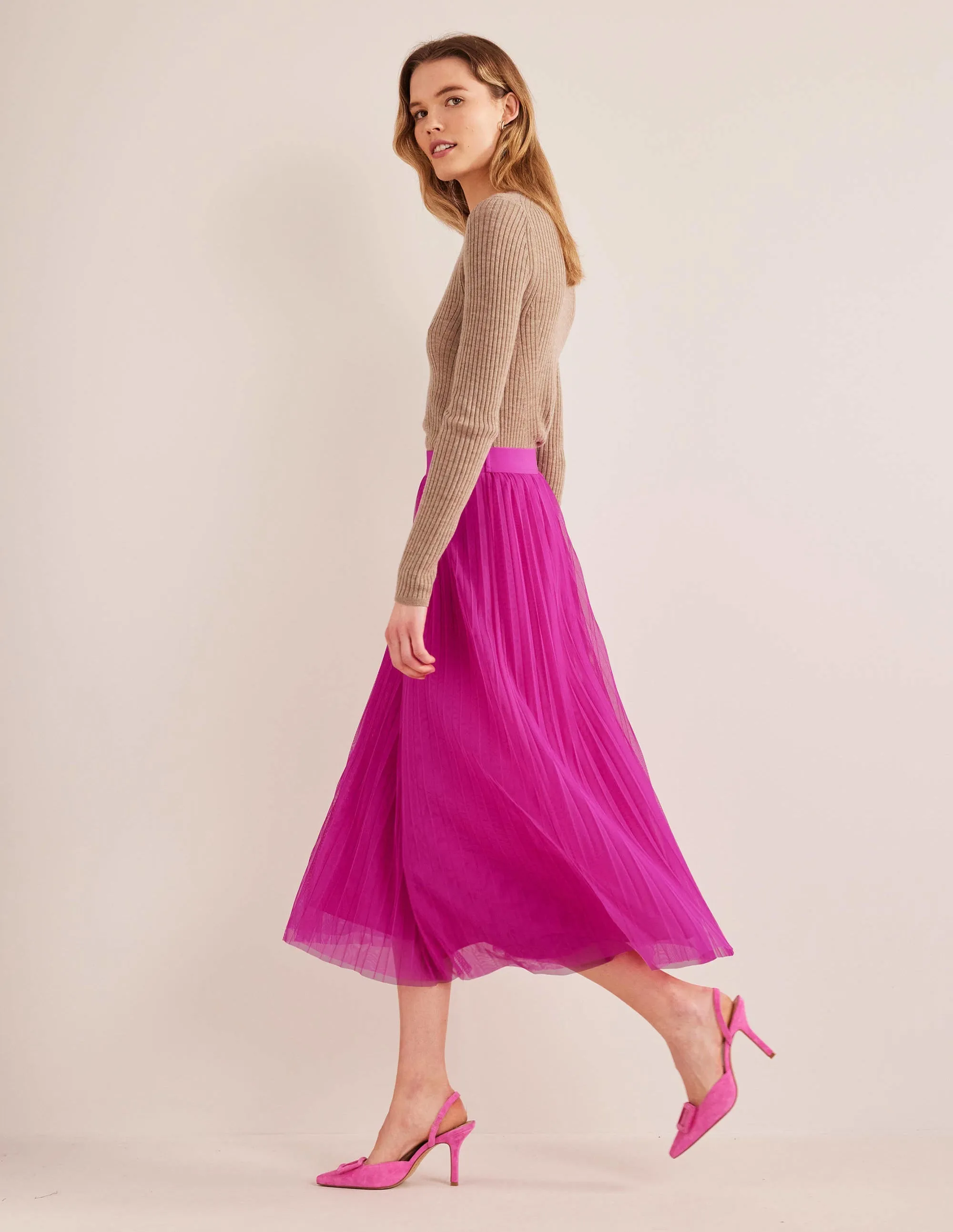 Pleated Tulle Skirt-Shocking Pink