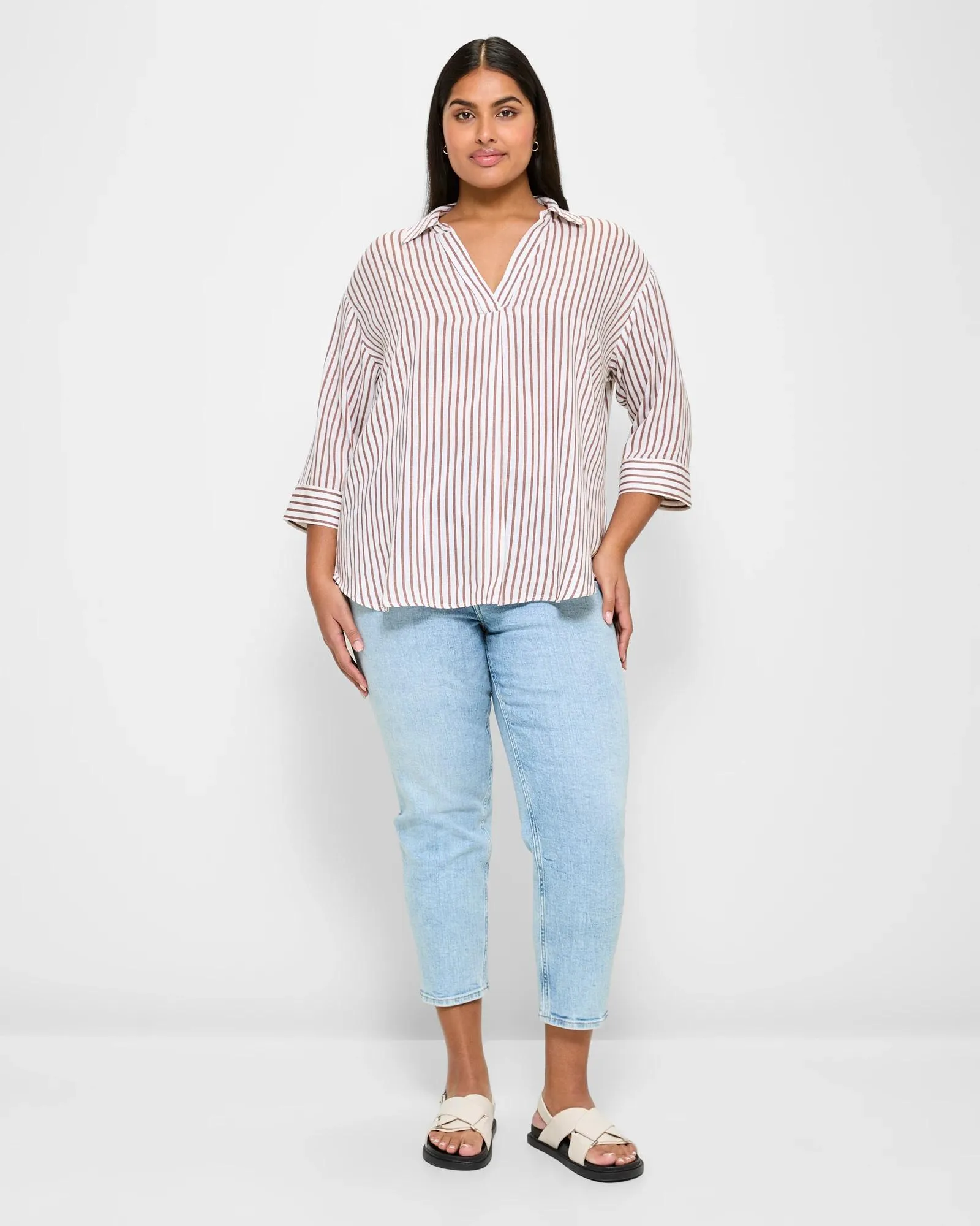 popular  Plus Size Linen Blend Pull Over Shirt - Brown/White Stripe