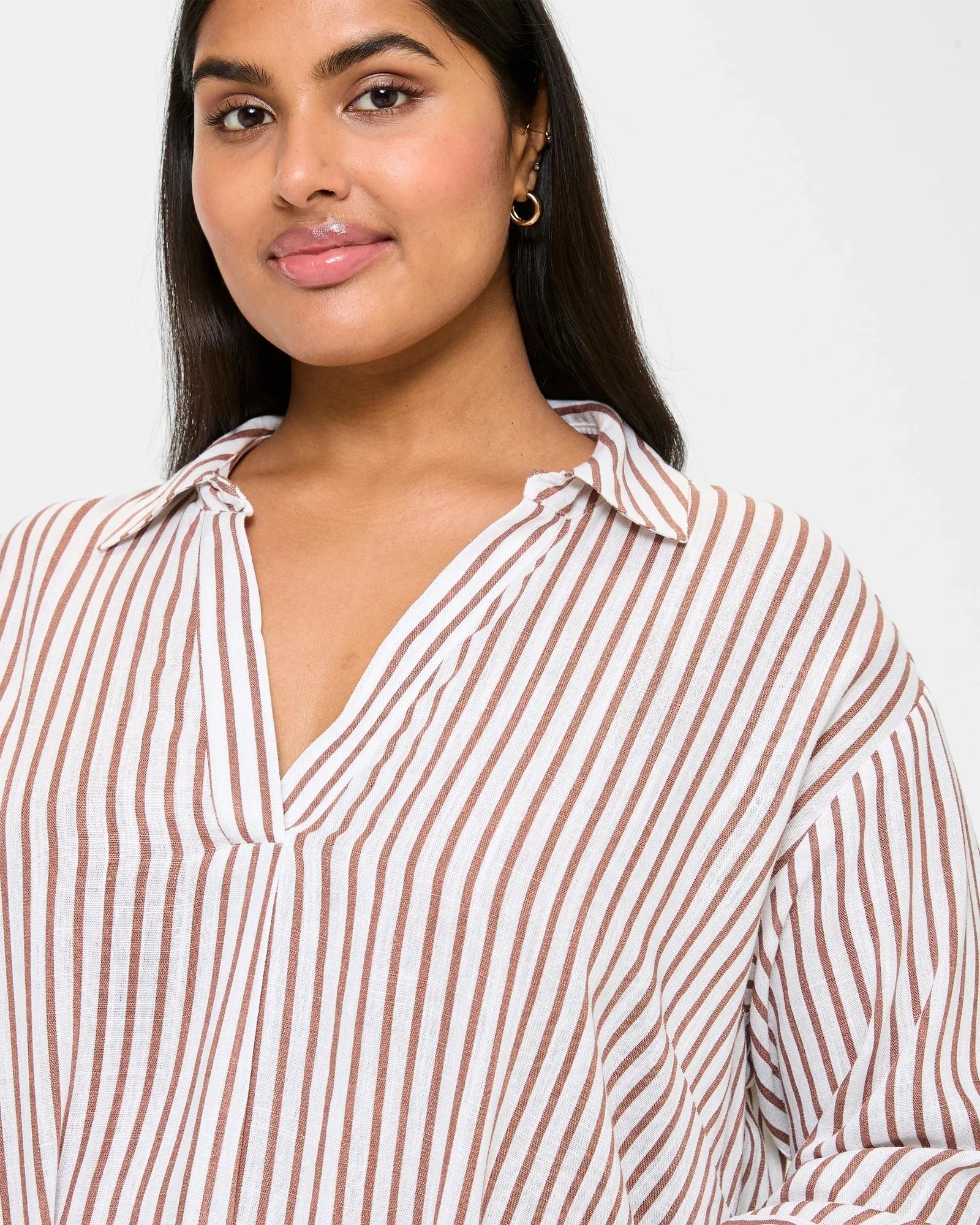 popular  Plus Size Linen Blend Pull Over Shirt - Brown/White Stripe