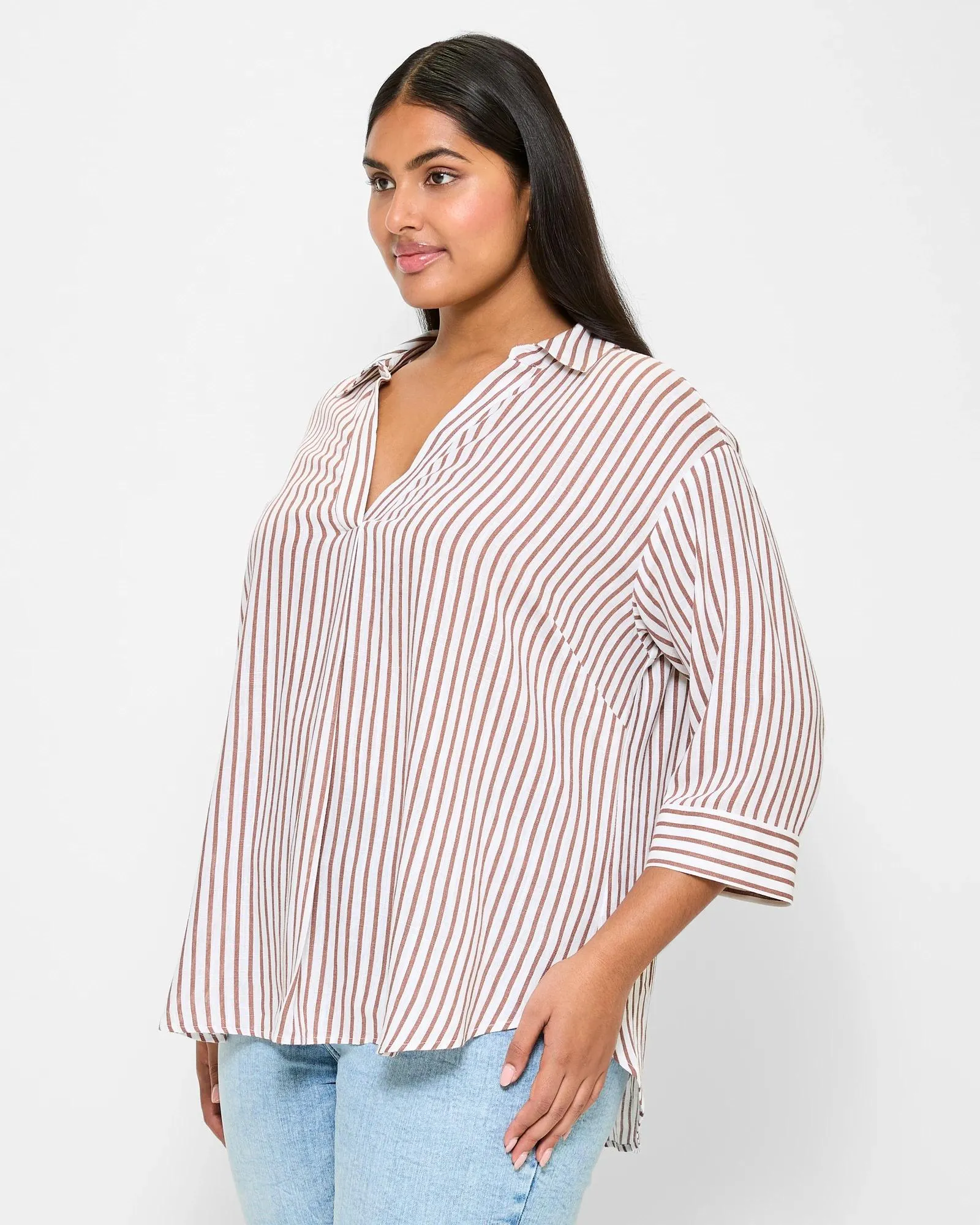 popular  Plus Size Linen Blend Pull Over Shirt - Brown/White Stripe