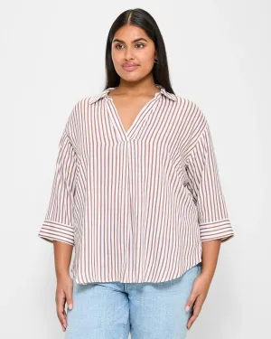 popular  Plus Size Linen Blend Pull Over Shirt - Brown/White Stripe