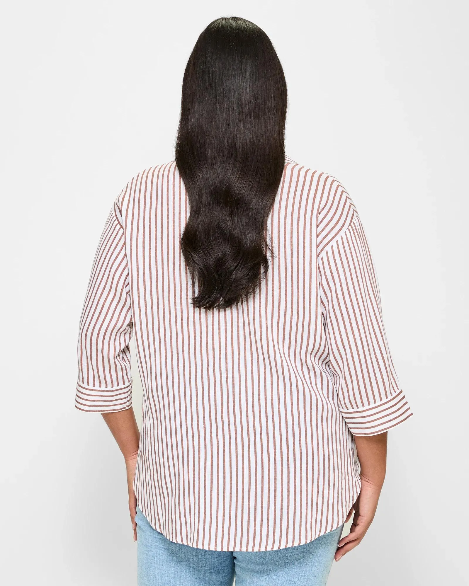 popular  Plus Size Linen Blend Pull Over Shirt - Brown/White Stripe
