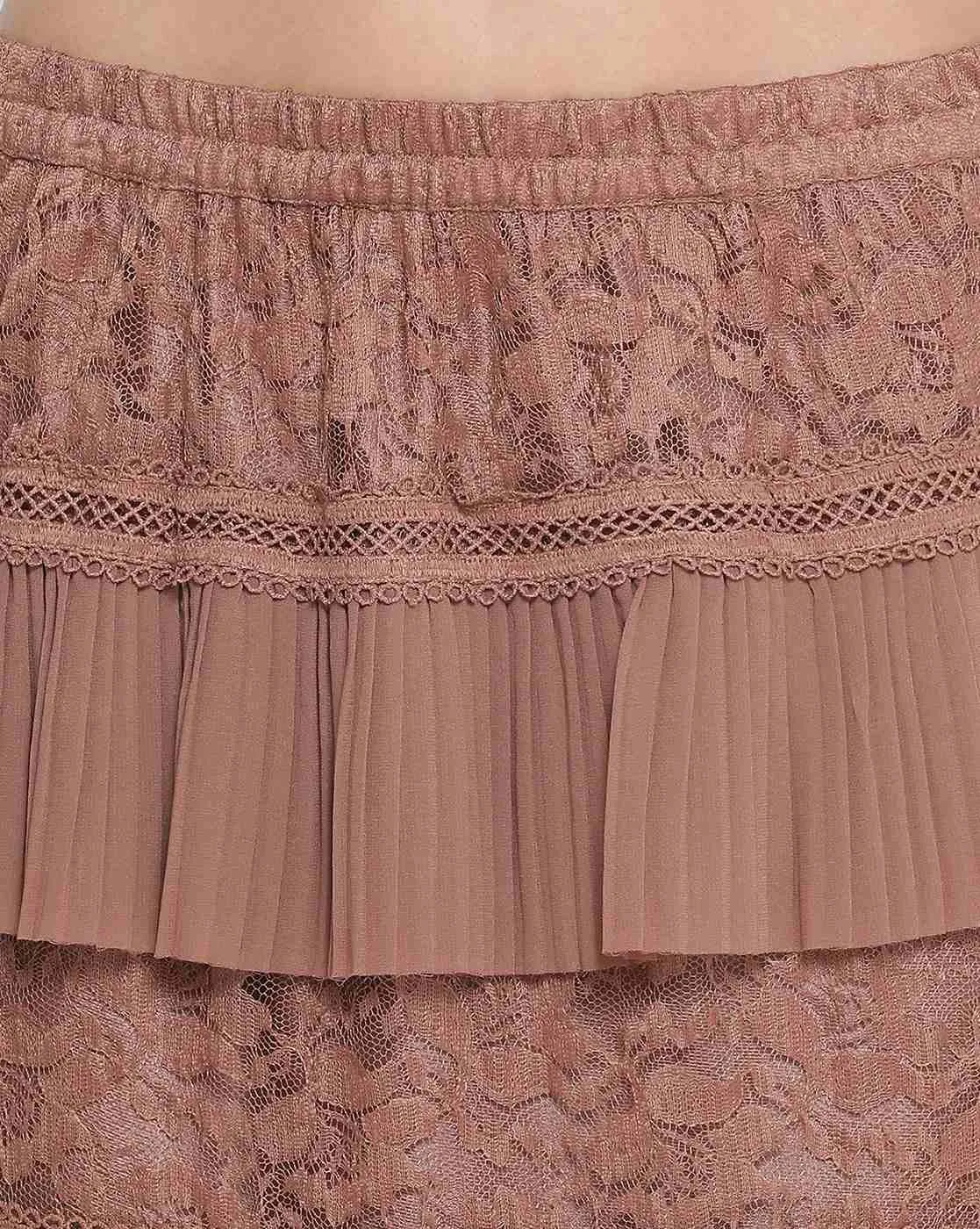 Rust Flower Net Frill Skirt With Lace