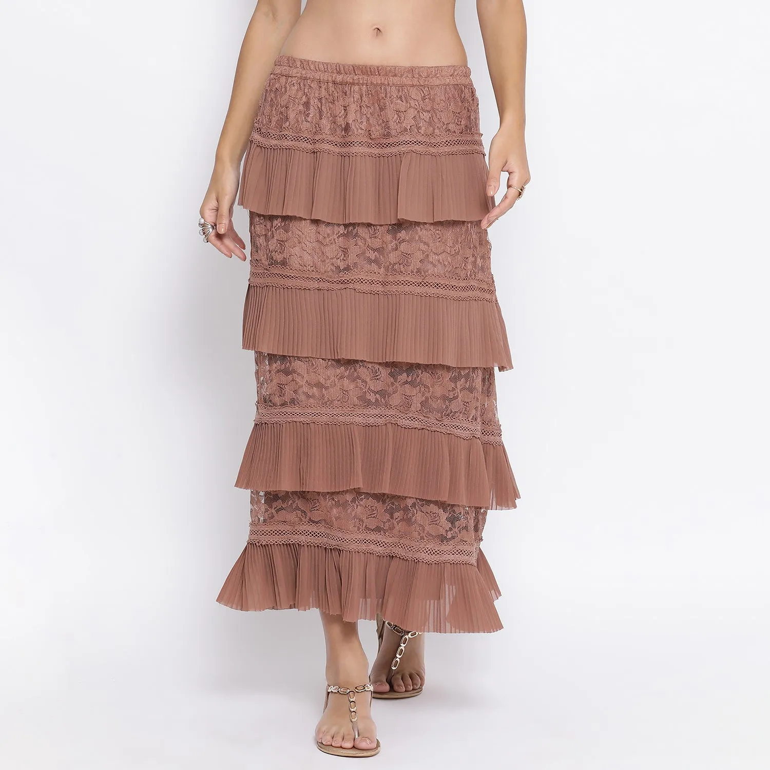 Rust Flower Net Frill Skirt With Lace