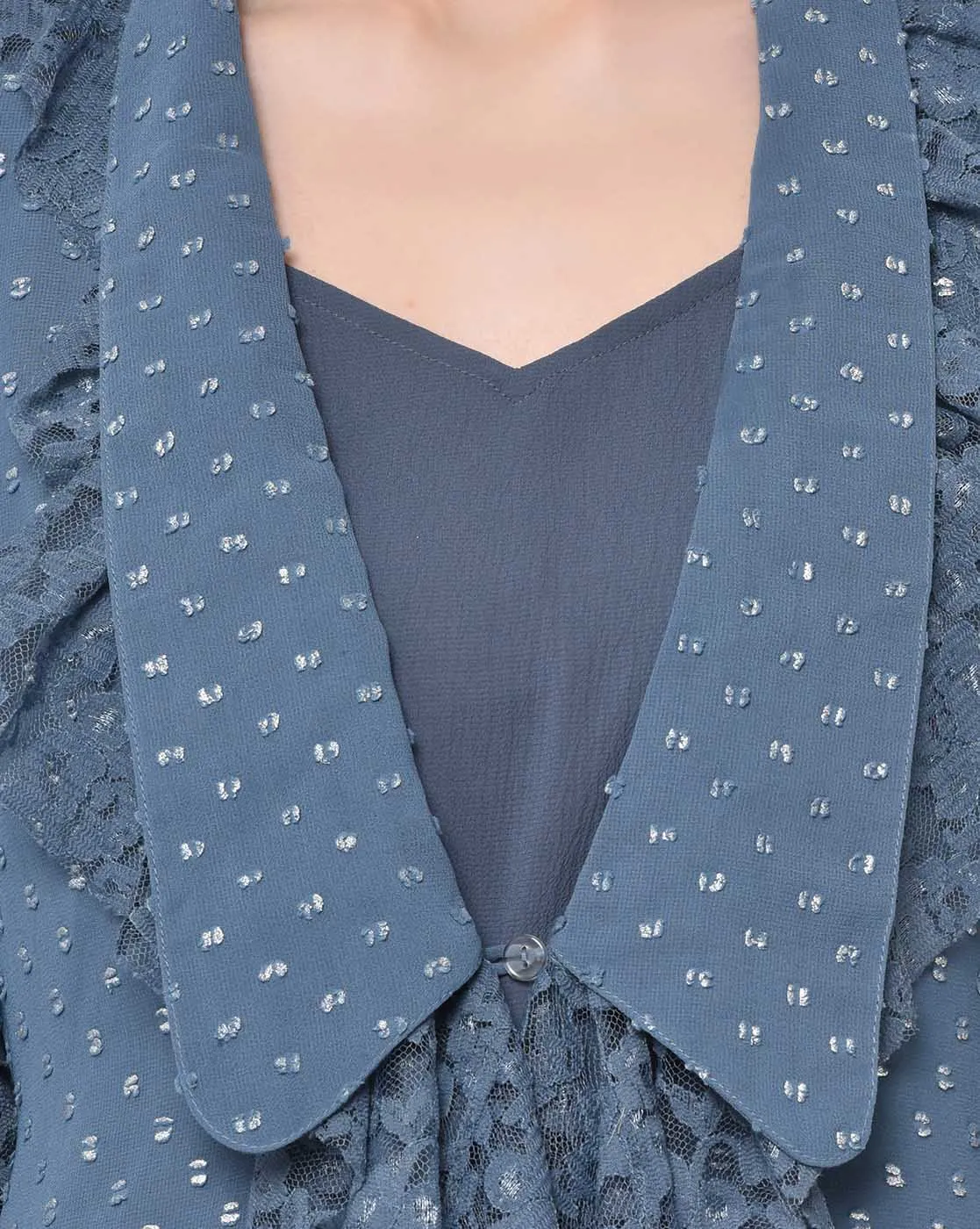Silver Dot Stone Blue Tunic With Butterfly Embroidery