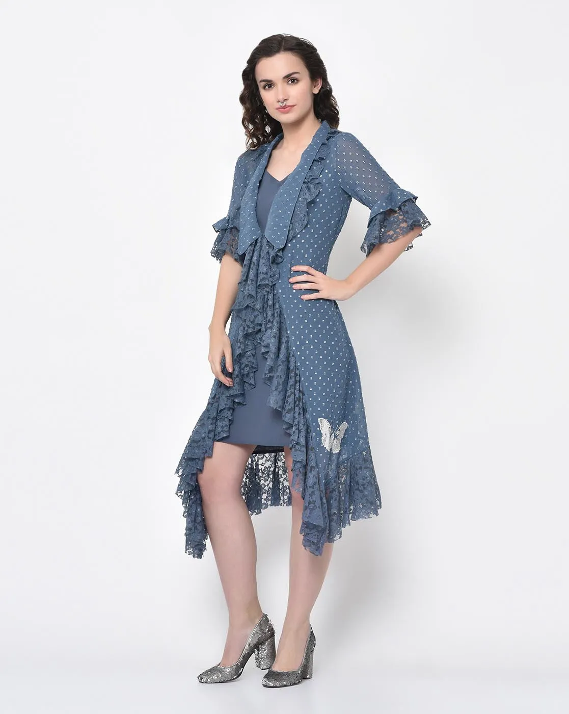 Silver Dot Stone Blue Tunic With Butterfly Embroidery