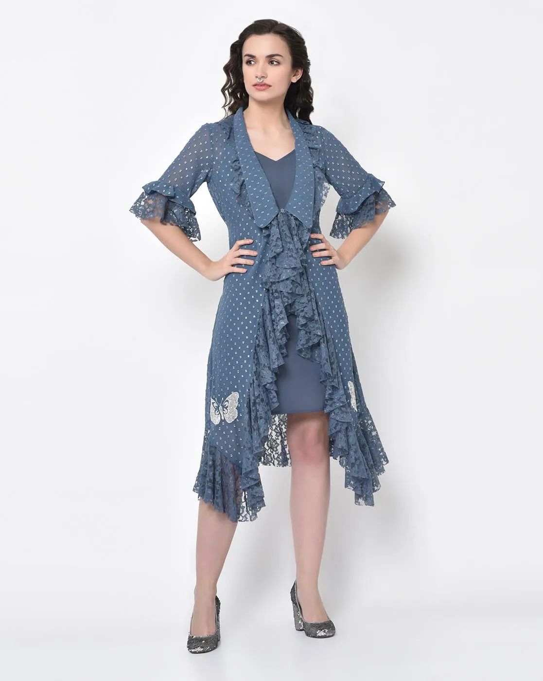 Silver Dot Stone Blue Tunic With Butterfly Embroidery