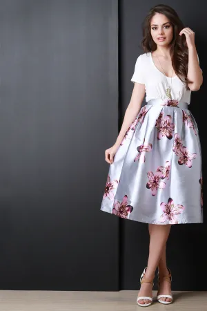 Silvery Floral Box Pleated Skirt