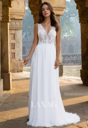 Straps Deep V-Neck Off-Shoulder A-Line Prom Dress Sleeveless Lace Applique Cutout Pleated Bride Gowns
