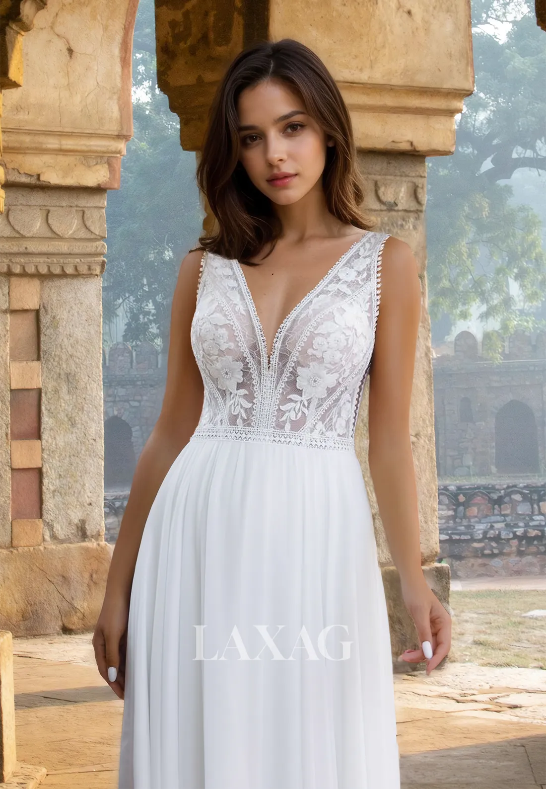 Straps Deep V-Neck Off-Shoulder A-Line Prom Dress Sleeveless Lace Applique Cutout Pleated Bride Gowns