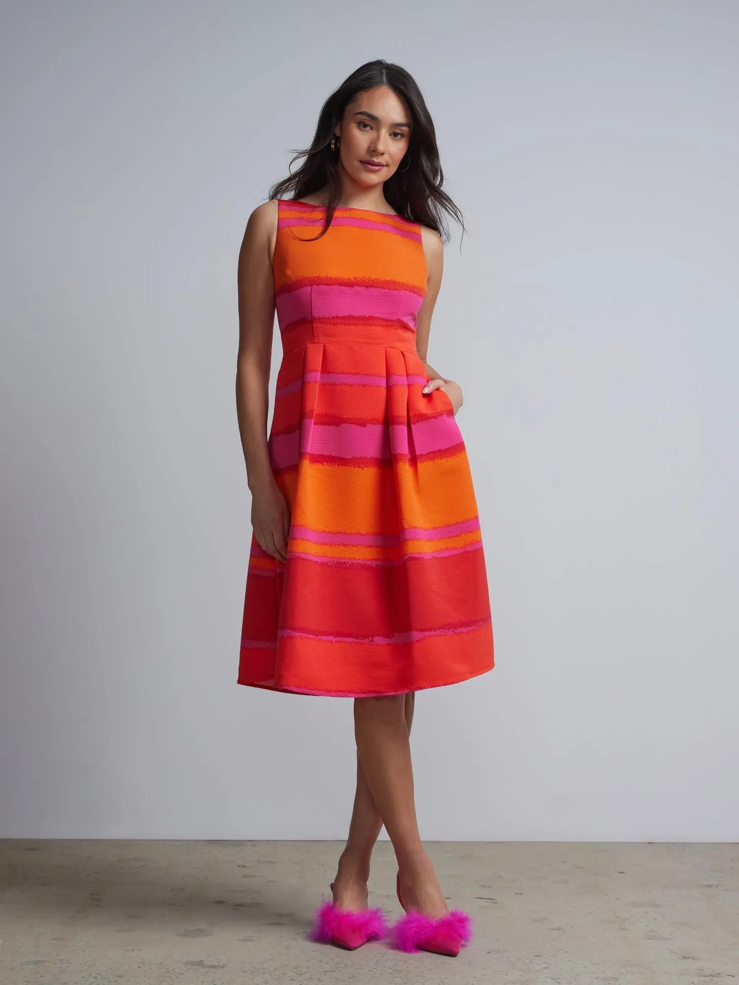 Striped Sleeveless Pleated Boatneck Dress