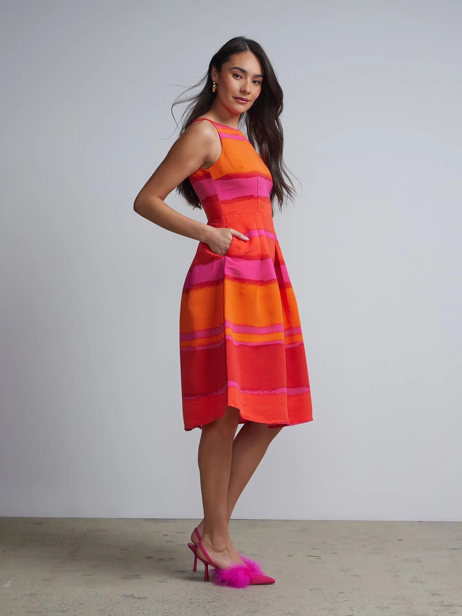 Striped Sleeveless Pleated Boatneck Dress