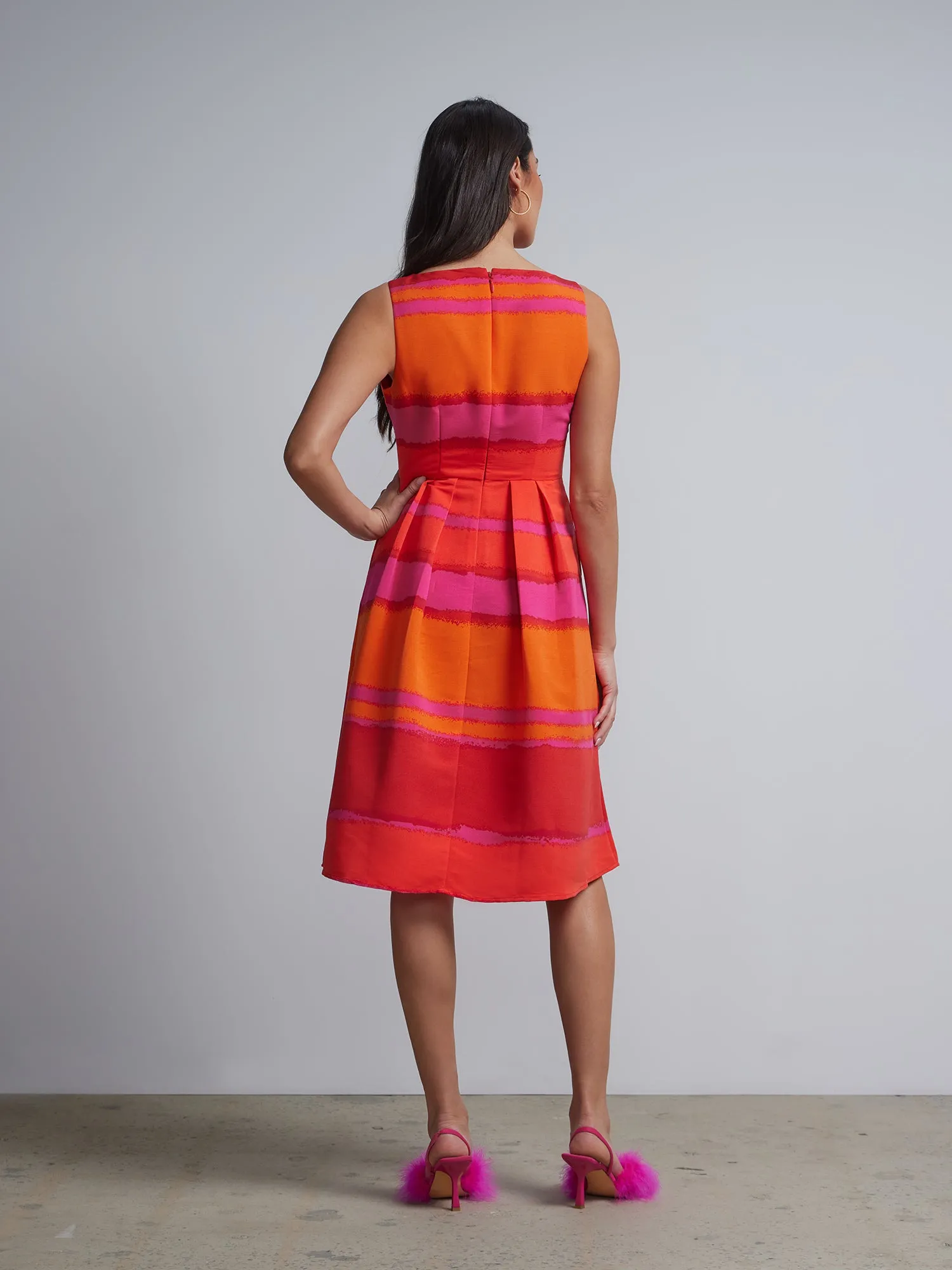 Striped Sleeveless Pleated Boatneck Dress