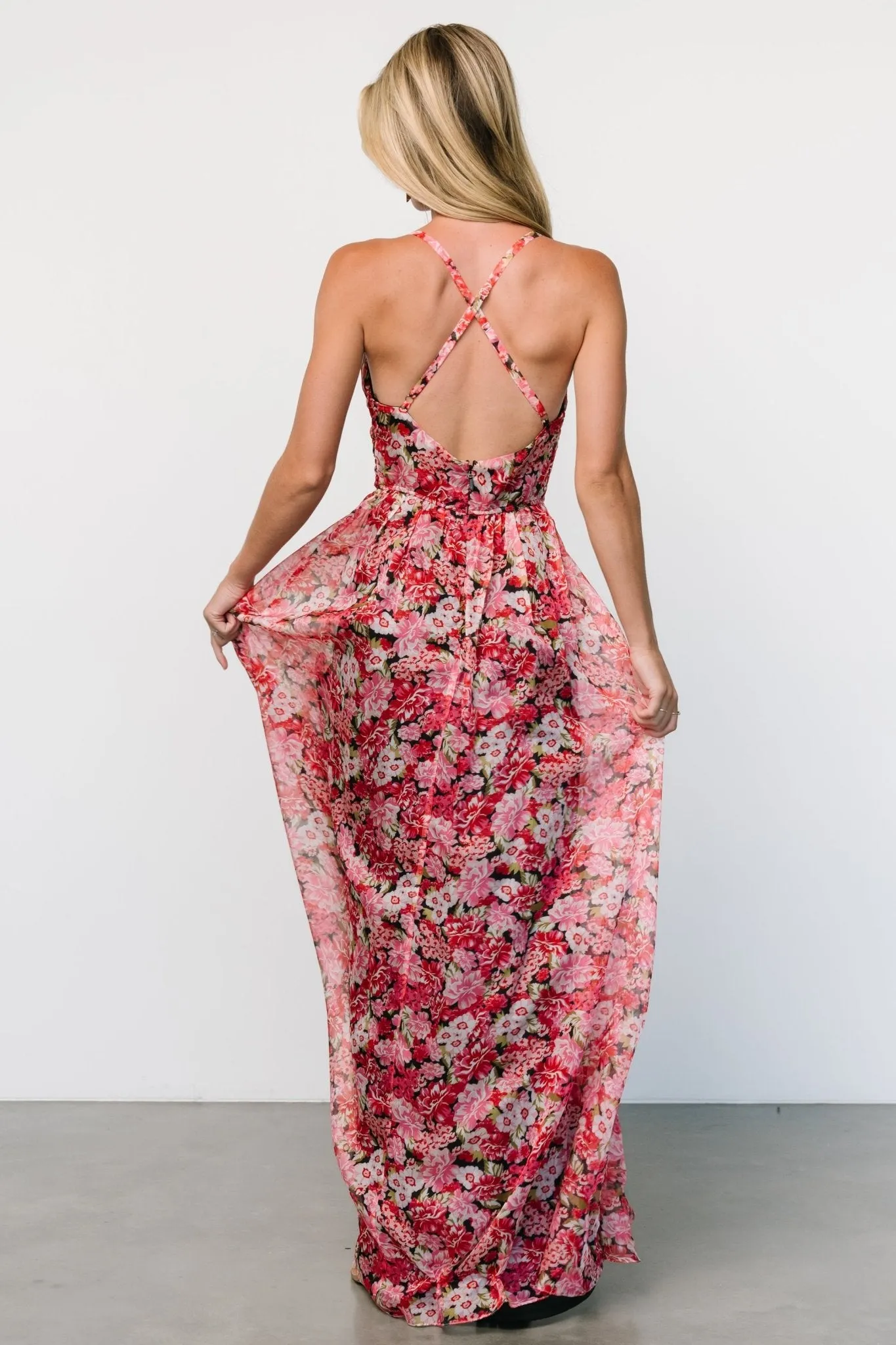 Tora Cross Back Maxi Dress | Black   Red Floral