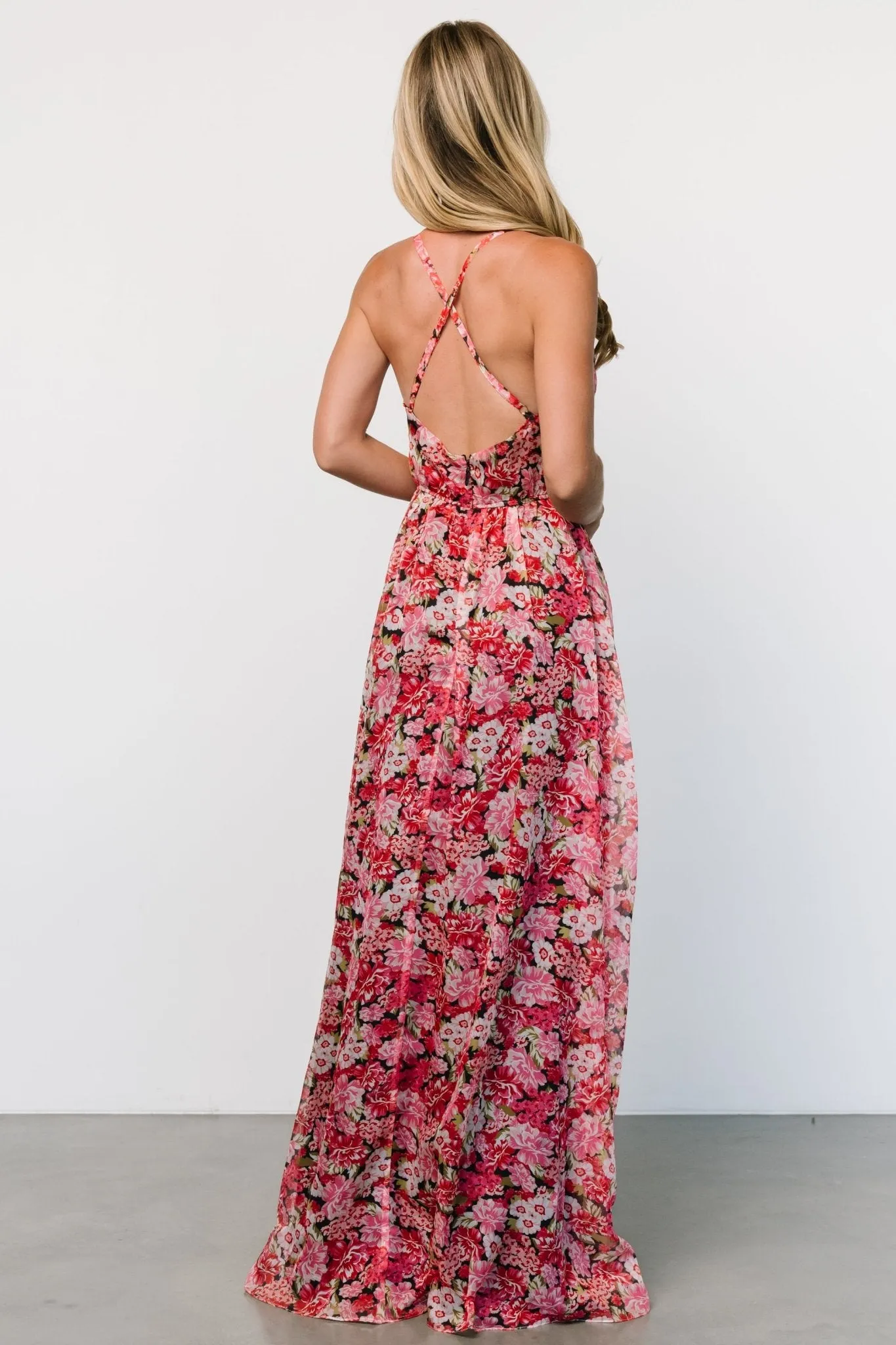 Tora Cross Back Maxi Dress | Black   Red Floral