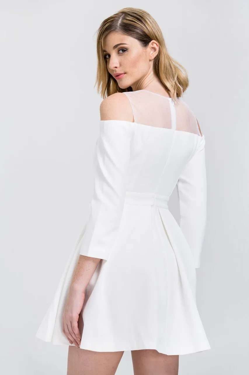 White Off-The-Shoulder Sheer Yoke Skater Mini Dress