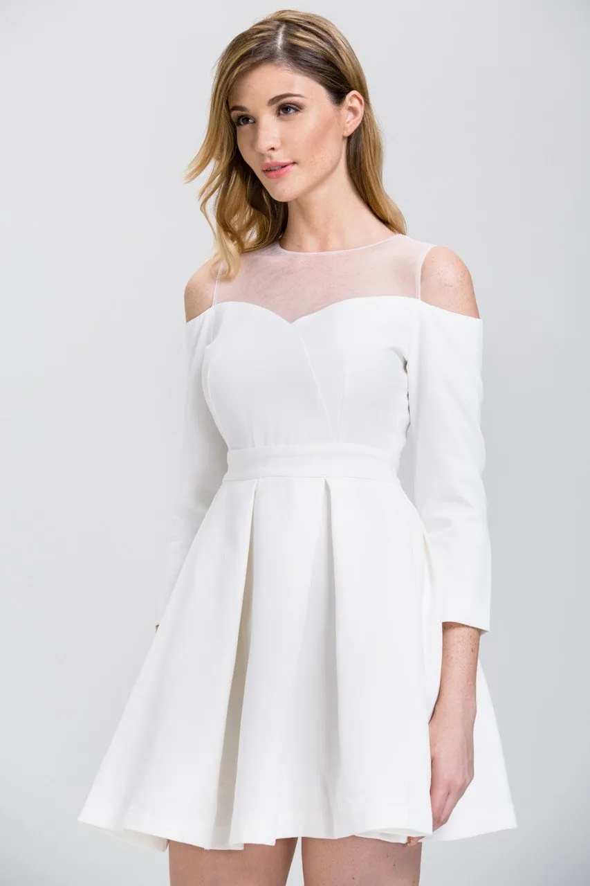 White Off-The-Shoulder Sheer Yoke Skater Mini Dress