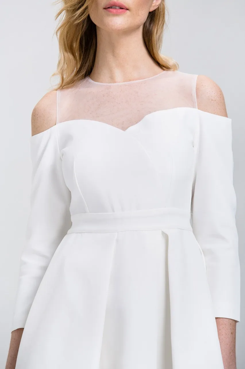 White Off-The-Shoulder Sheer Yoke Skater Mini Dress
