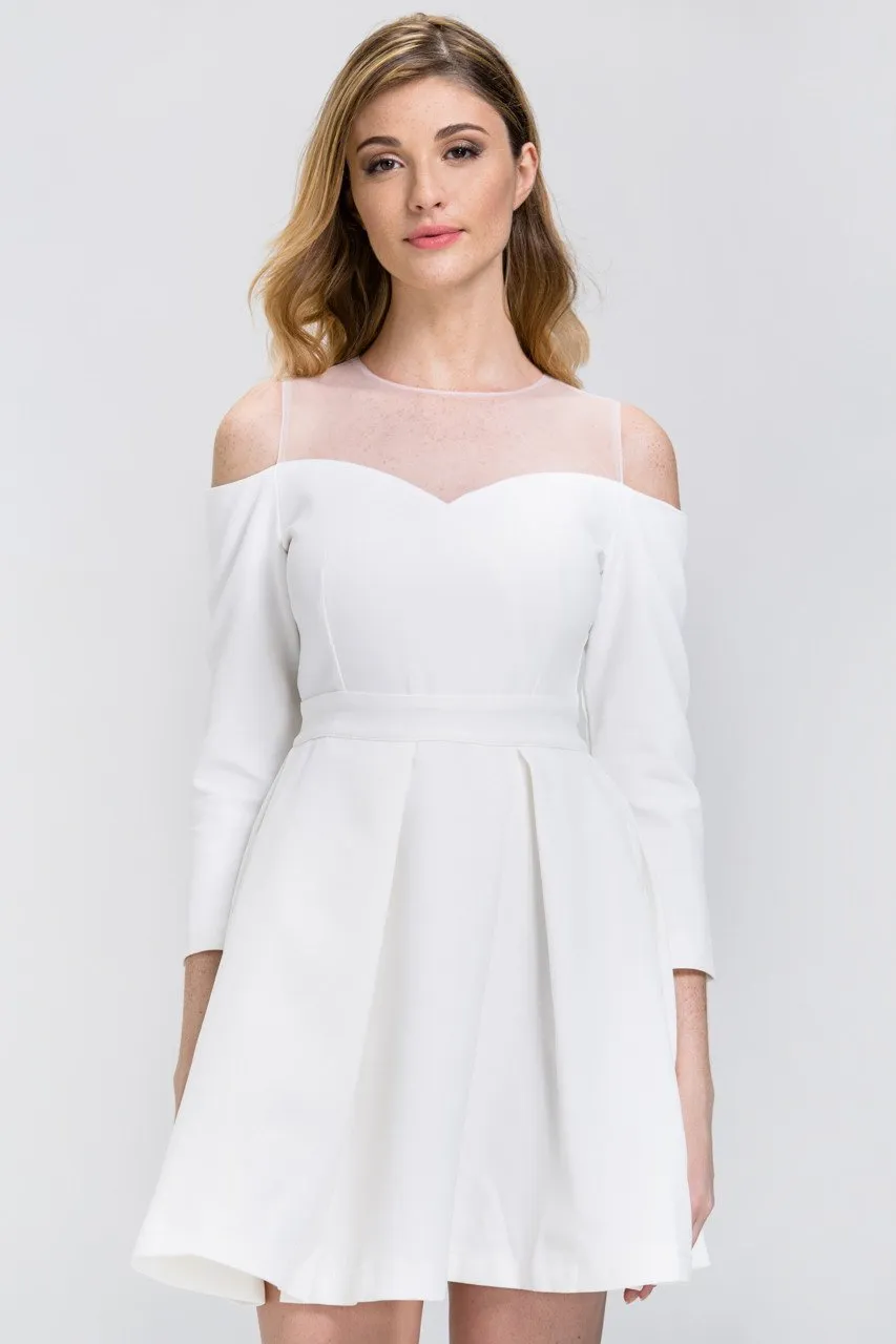 White Off-The-Shoulder Sheer Yoke Skater Mini Dress