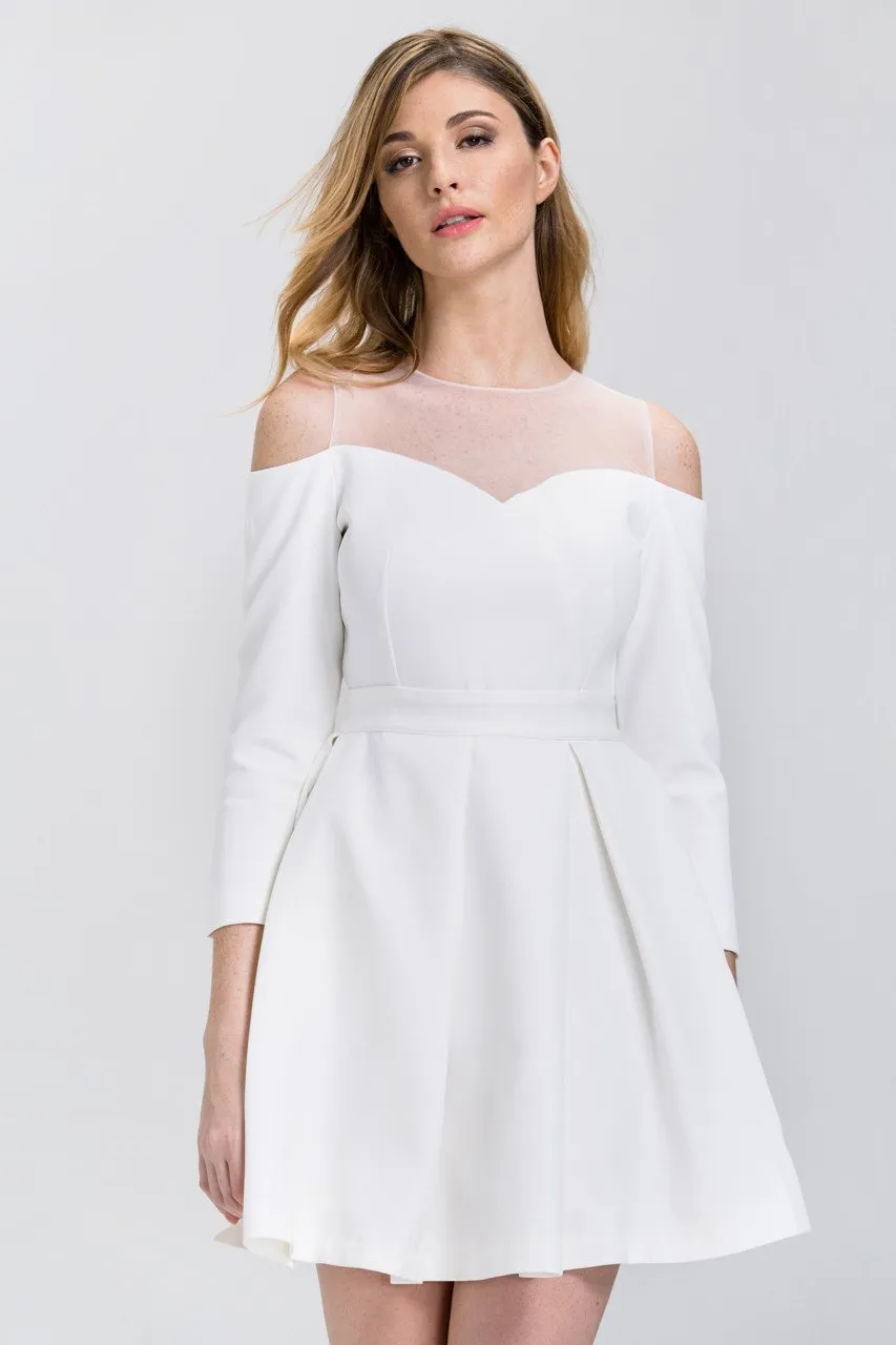 White Off-The-Shoulder Sheer Yoke Skater Mini Dress