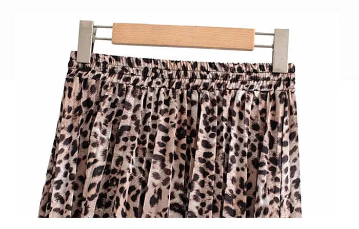 Wjczt Vintage Leopard Print Pleated Skirts Women Punk Rock Korean Skirt Streetwear Drawstring Elastic Waist Ladies Midi Skirt New