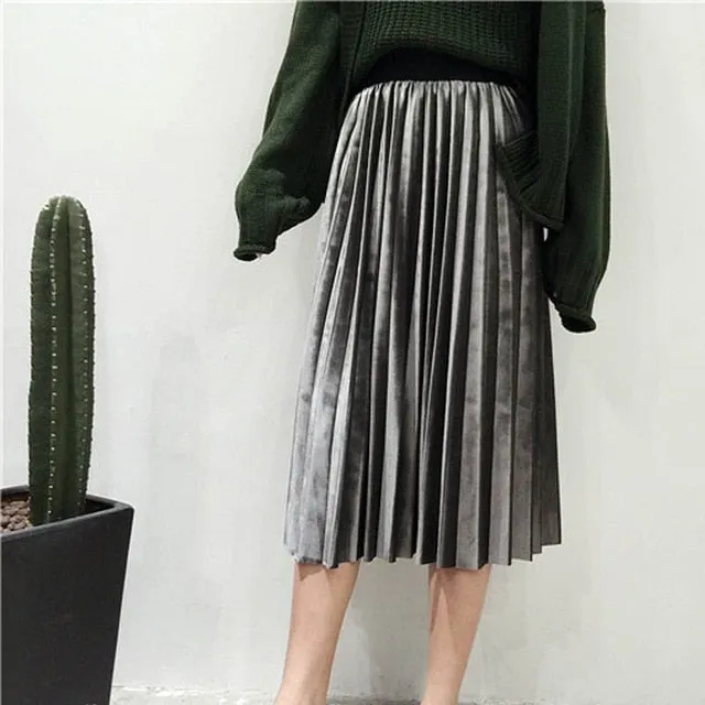 Women Long Metallic Silver Maxi Pleated Skirt