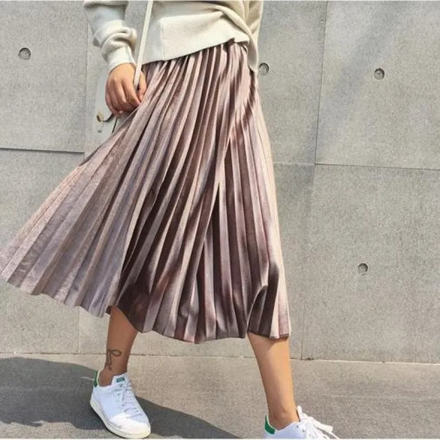 Women Long Metallic Silver Maxi Pleated Skirt