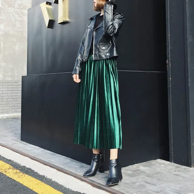 Women Long Metallic Silver Maxi Pleated Skirt