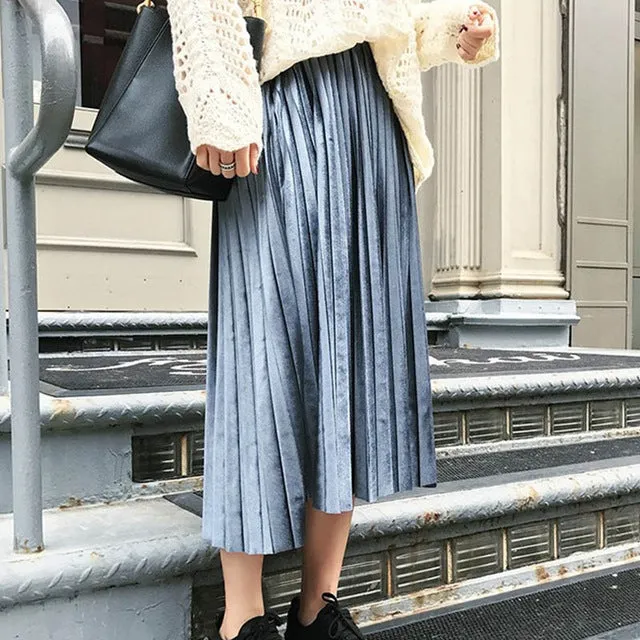 Women Long Metallic Silver Maxi Pleated Skirt