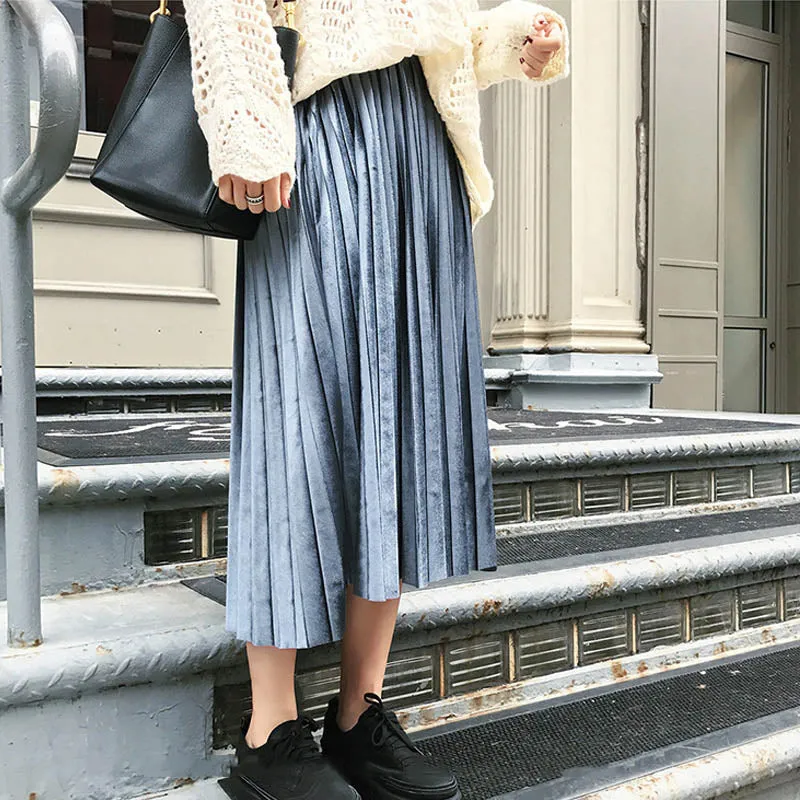 Women Long Metallic Silver Maxi Pleated Skirt