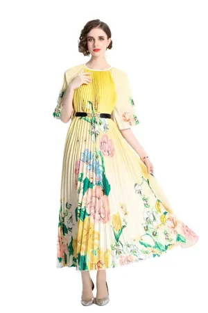 Yellow Floral Pleated Maxi Dress Belted