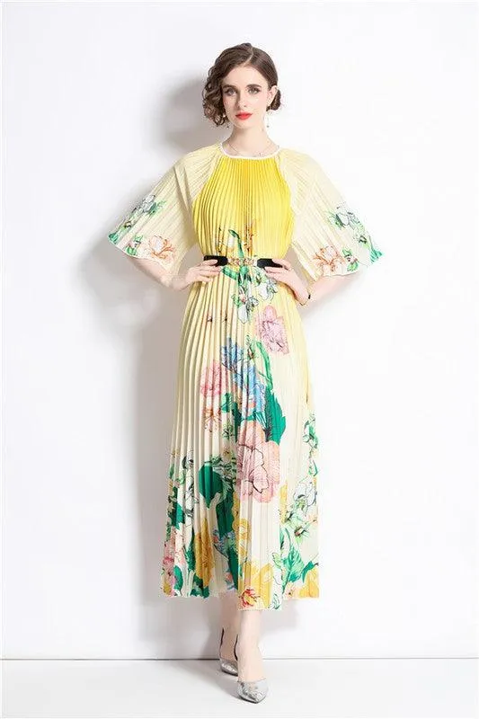 Yellow Floral Pleated Maxi Dress Belted